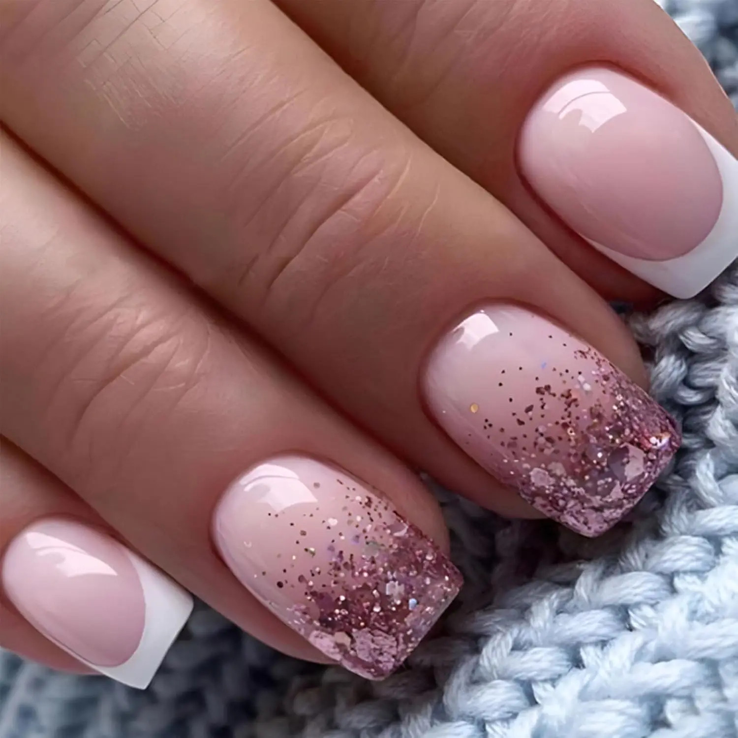 24pcs Short Square Press On Nails Cute Bride Heart White French Tips False