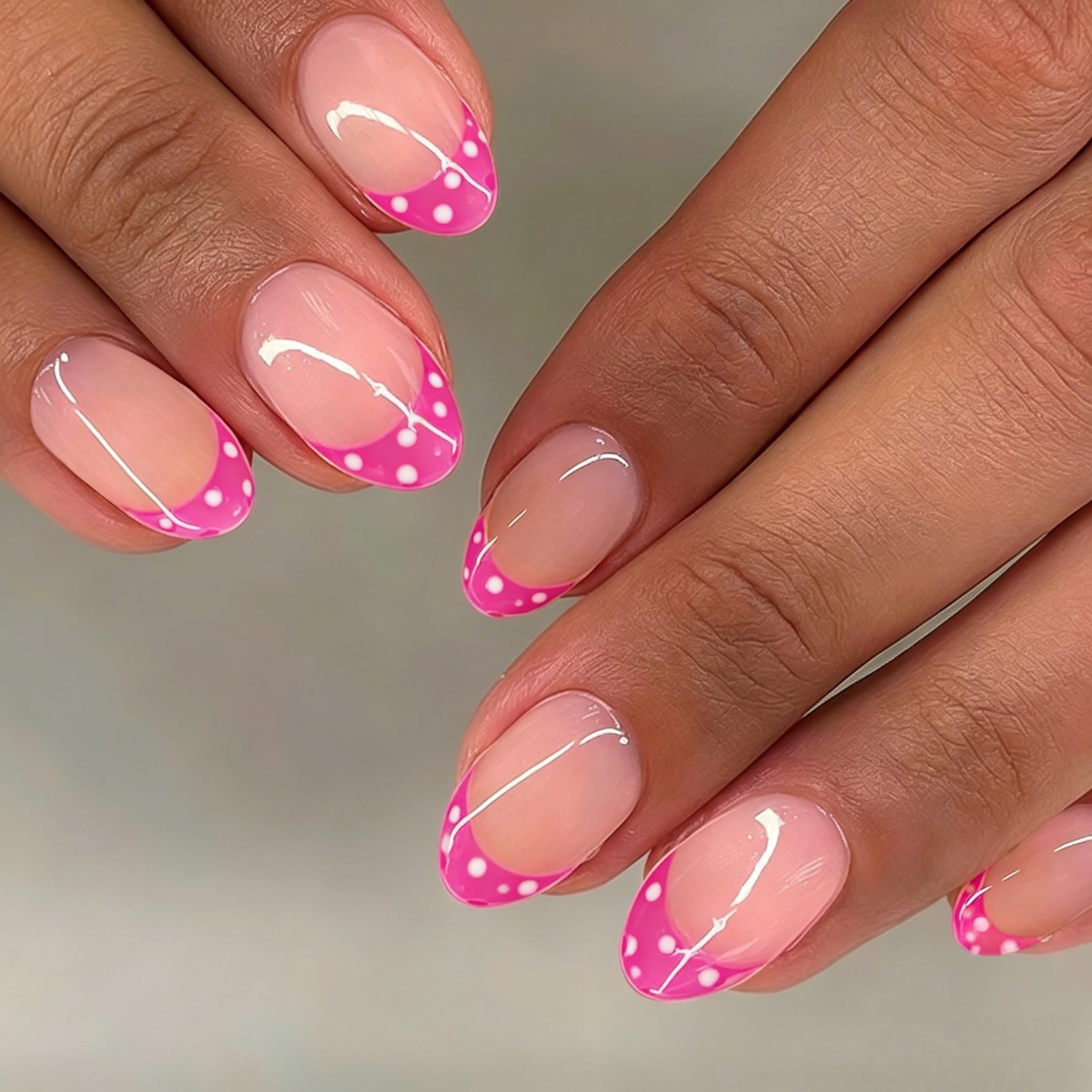 Hot Pink French Tip Press On Nails Short Oval, Polka Dot Press On Nails Almon…