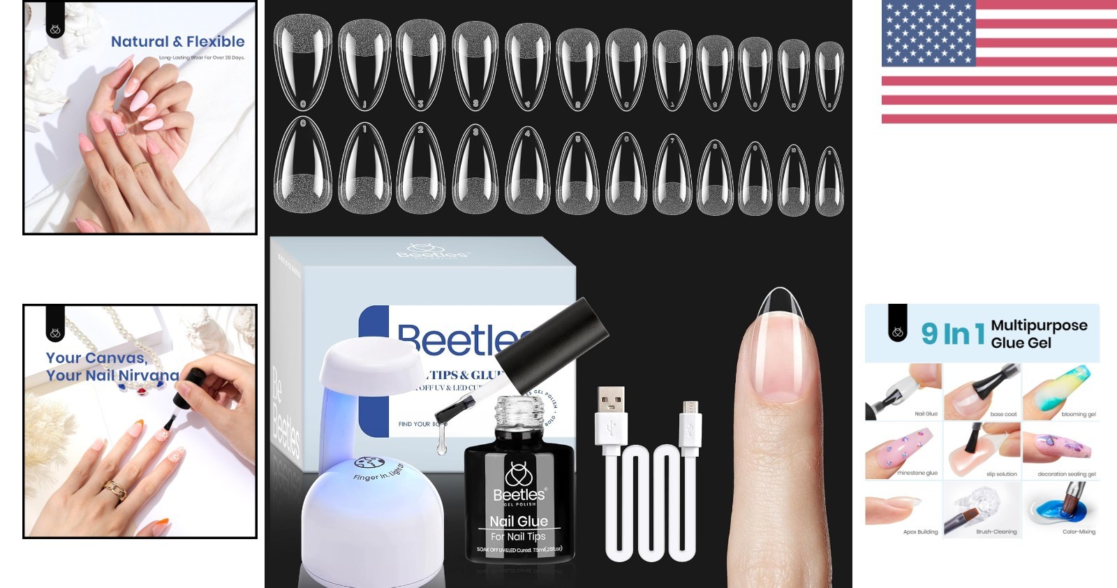 Nail Extension DIY Set Almond Short 504pcs Tips with 9-in-1 Glue & Light