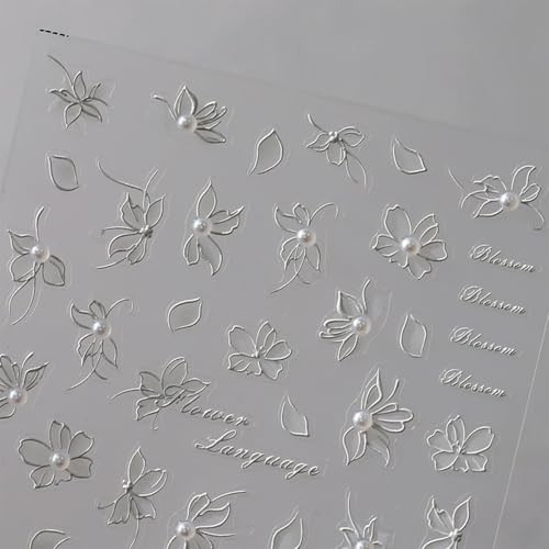 5D Embossed White Flower Nail Art Stickers Pearl Flower Nails Stickers Style-14