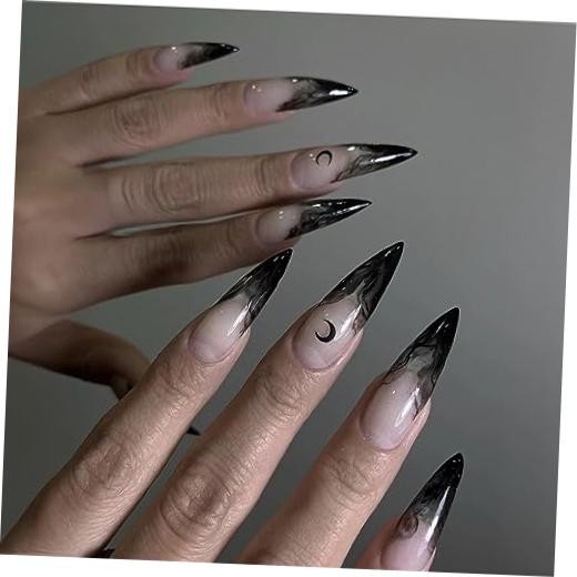 Halloween Stiletto Press on Nails Long Fake Nails Black French Glue Nq207goth