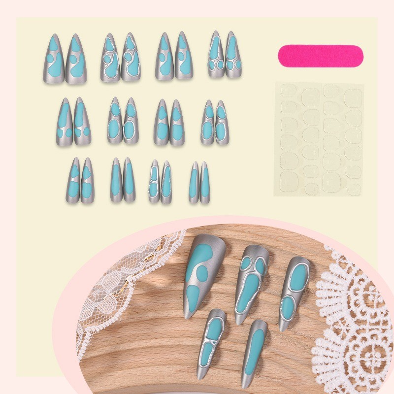 72Pcs-Metallic Long Almond False Nails Jade Inlay Cool Trend Gothic Nail Art