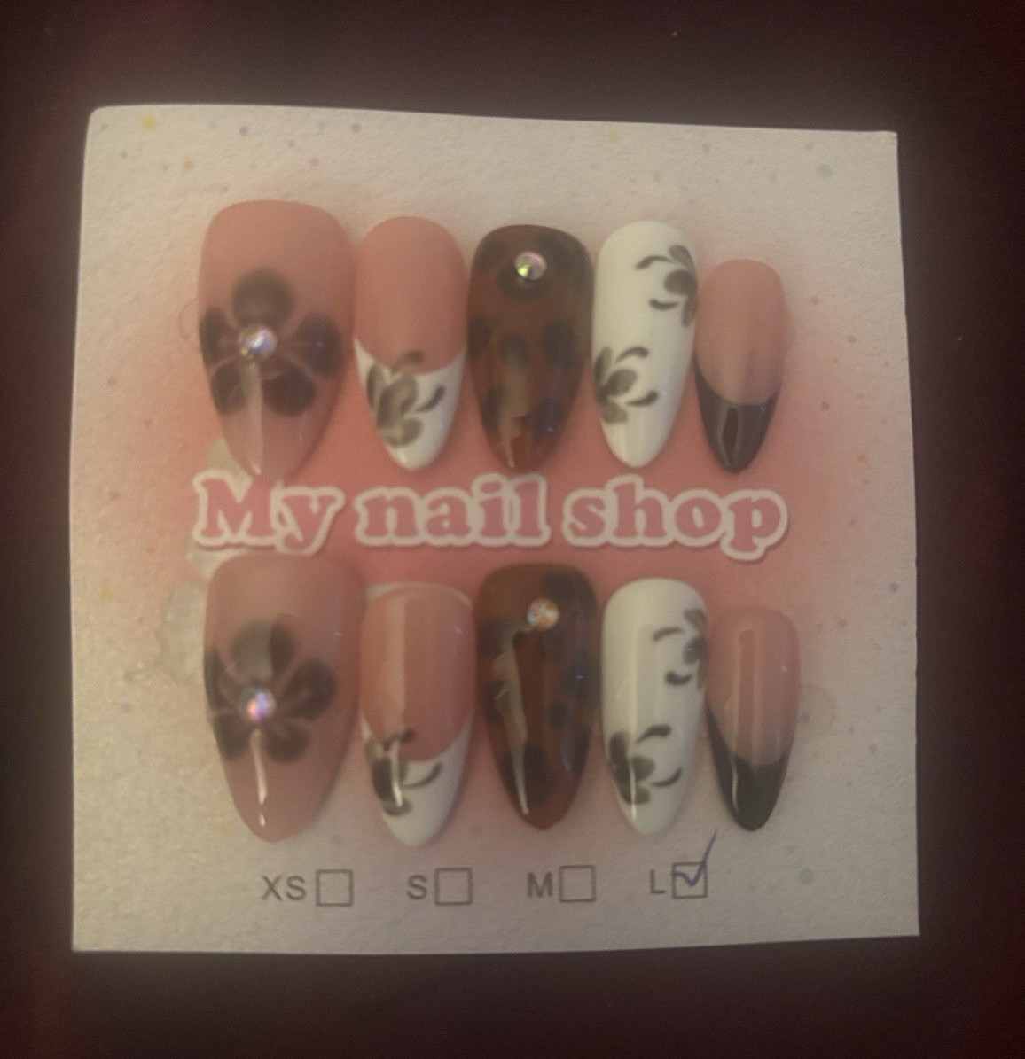 My nail shop Press-On Nails Set Pink/Black/White Floral French Pre-Designed