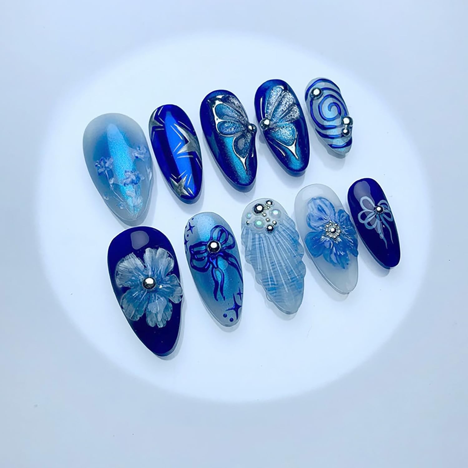 24Pcs Blue Press on Nails Medium Almond Fake Nails with 3D Flower Bow Butterf…
