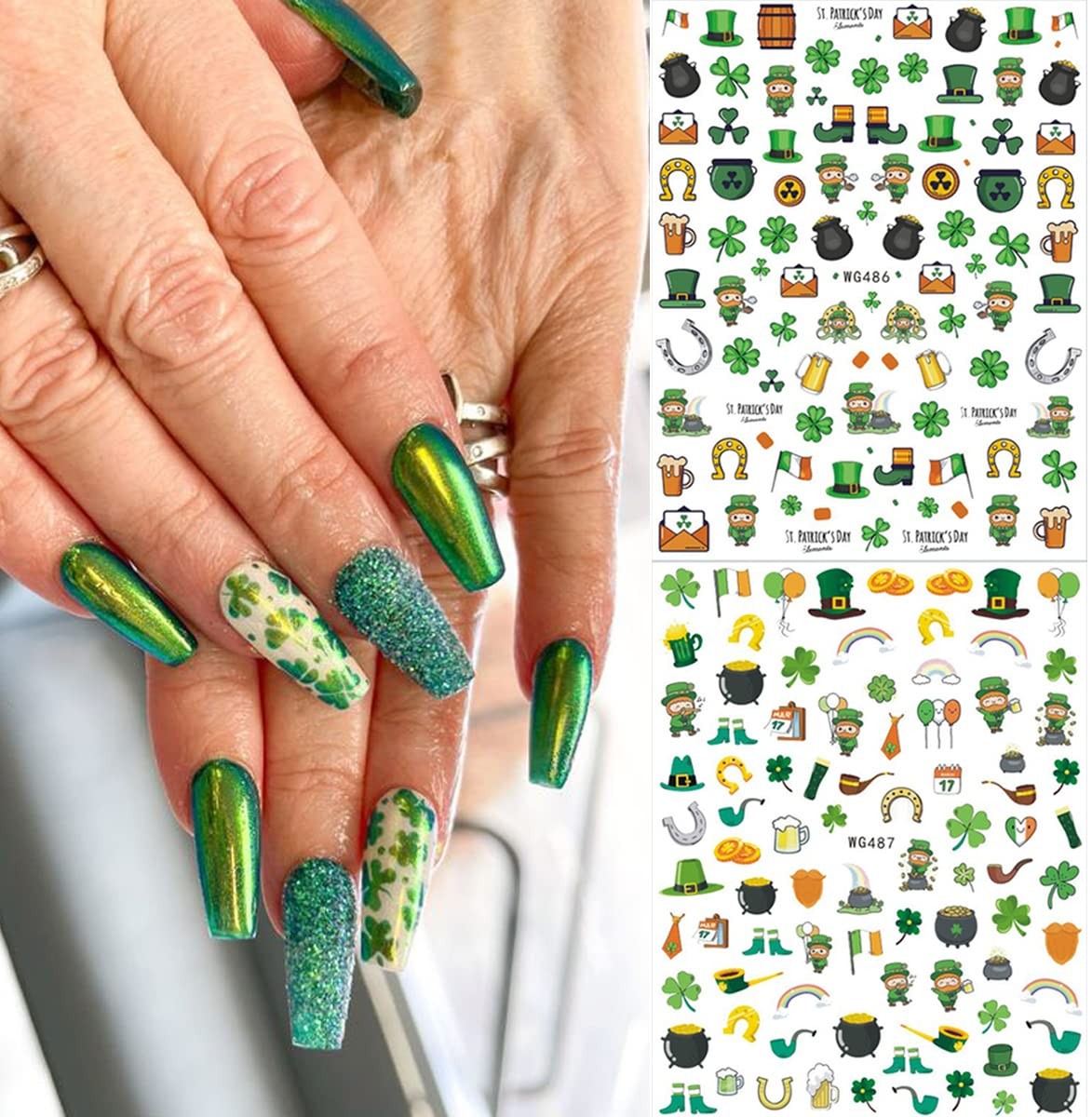St Patricks Day Nail Art Stickers 3D Shamrock Nail Decals Green Clover Nail S…