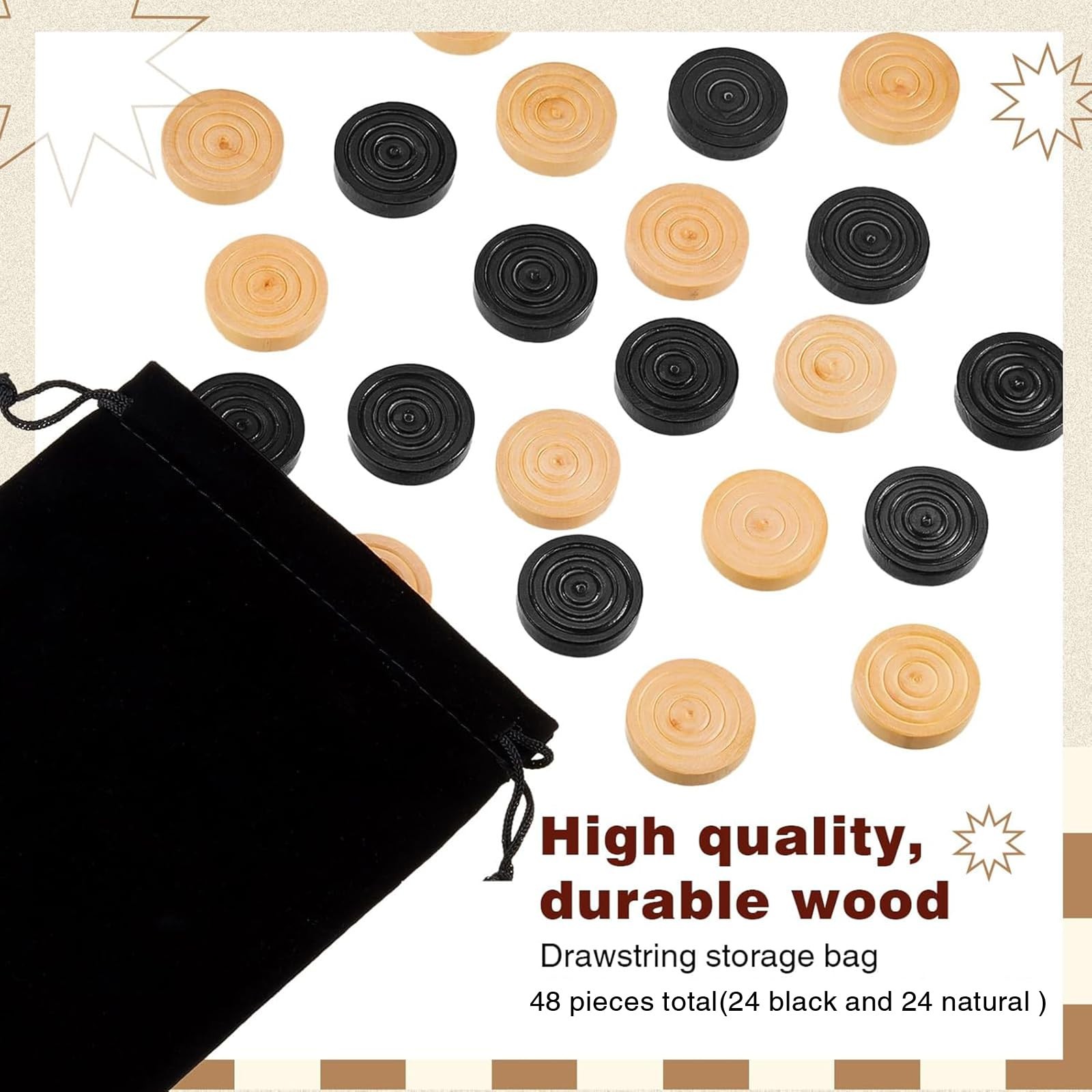 Sumind 48 Pcs Wooden Checkers Pieces 1.06 Inch Checker Black, Natural