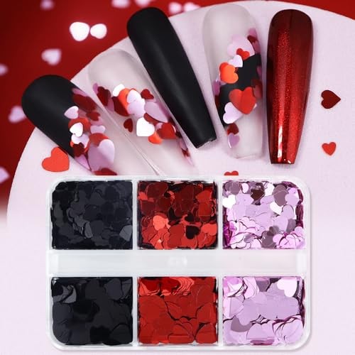 3D Heart Nail Art Glitter Sequins for Valentine, Red Black Mixed Holographic