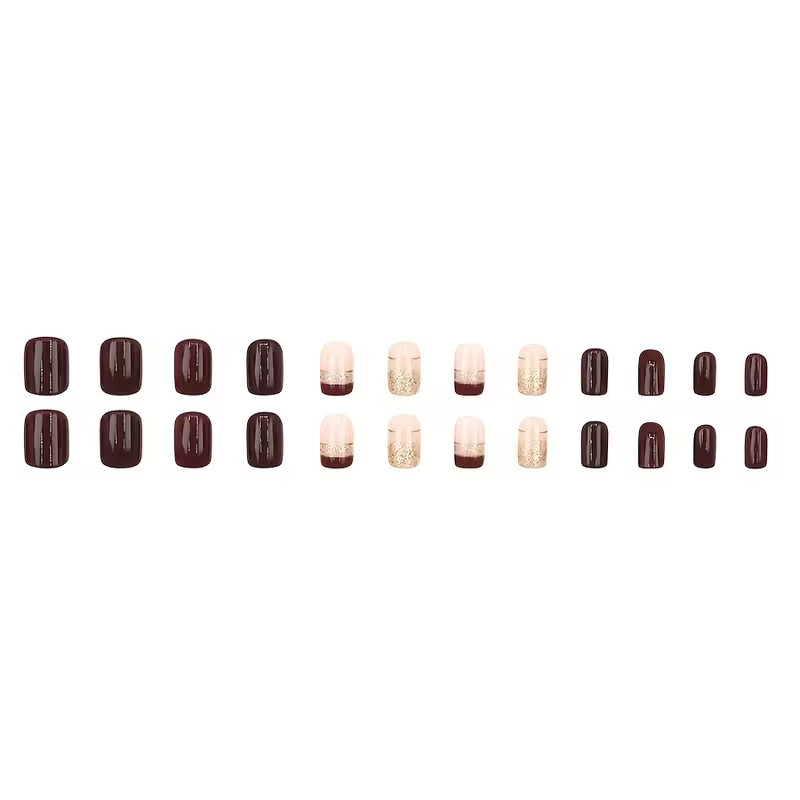 24pcs Elegant Press-On Nails, Medium Square, with Black / Gold Glitter, Events