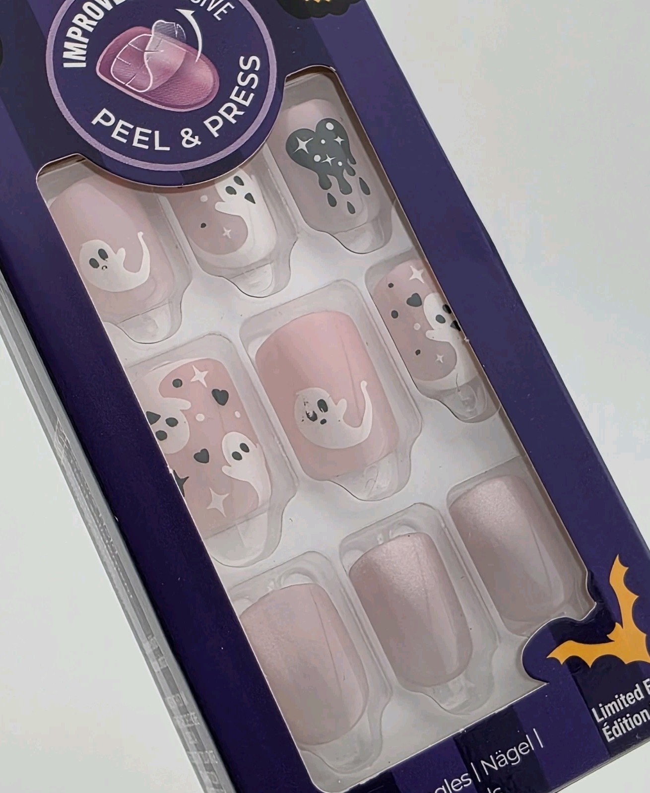 Impress No Glue Mani Pink With Ghosts Dripping Hearts Glow Dark Short 30ct New