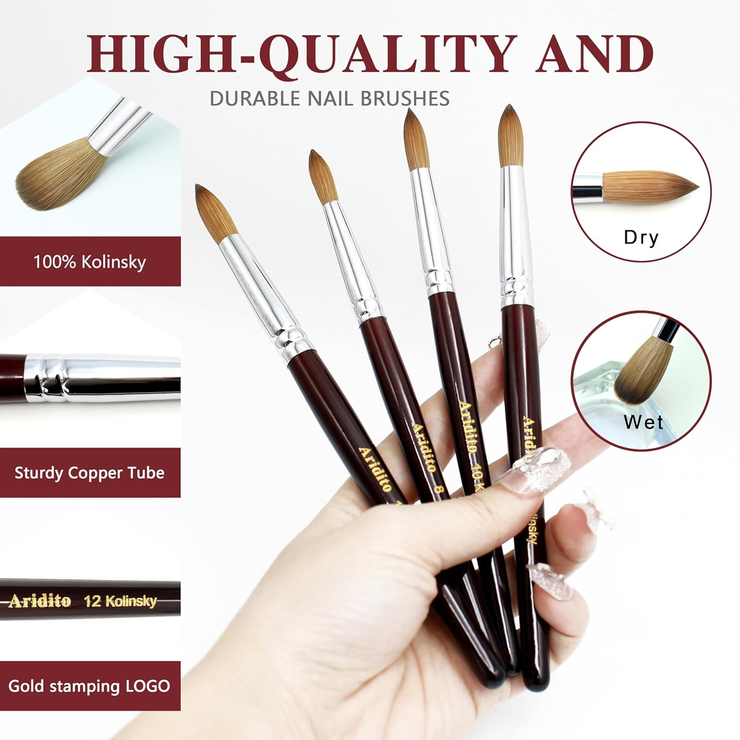 Round Head Kolinsky Acrylic Nail Brush Red Wine Color Wooden Handle for Professi