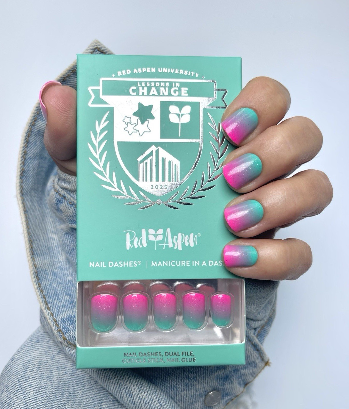Red Aspen Press-On Nails Nail Dashes Short Square Ombre Pink Green Shimmer