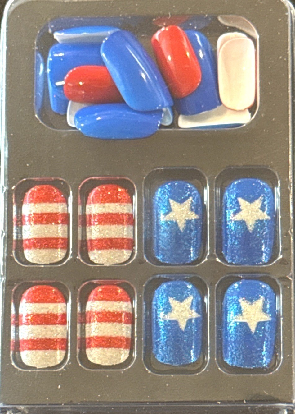 4th Of July Red White +Blue Stars & Stripes 24pc Glitter Patriotic Squoval Nails