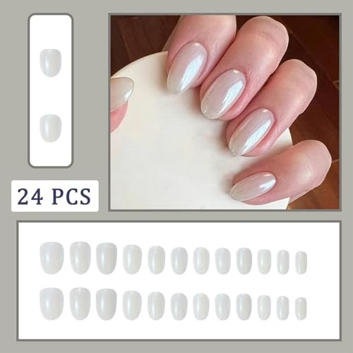 Press on Nails Short Almond Fake Nails Aurora False Nails with White Chrome