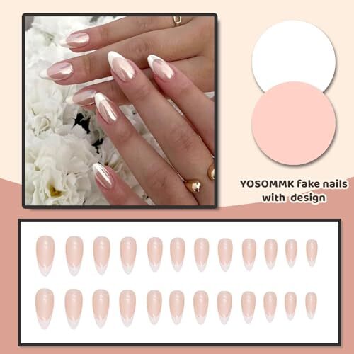 French Tip Chrome Press on Nails Almond Medium Fake Nails with A-French Tip
