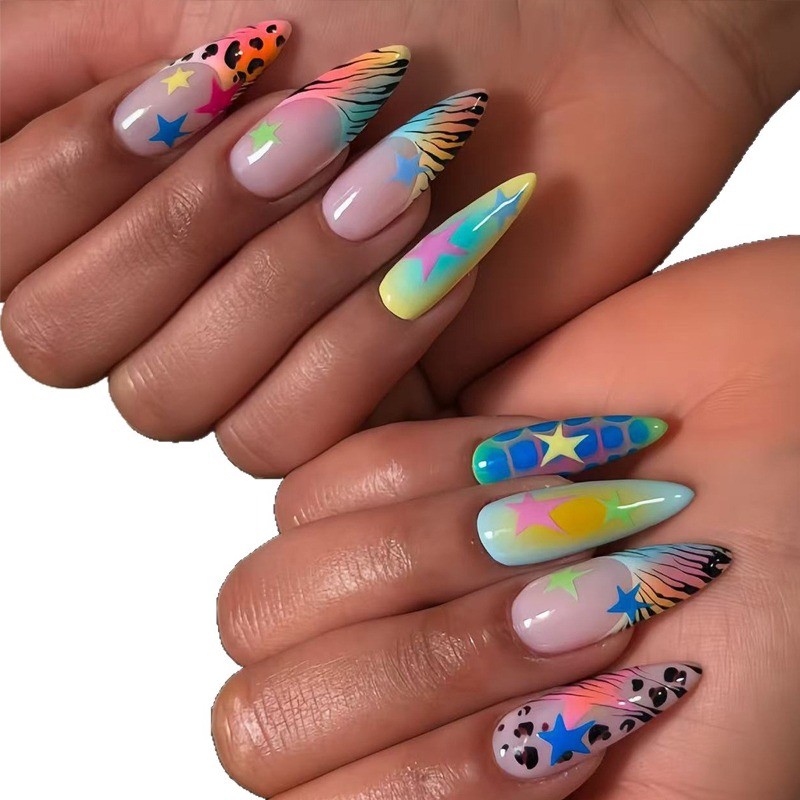 48pcs-Playful Summer Press on Nails, Medium Almond Tie-Dye & Star Acrylic Nails