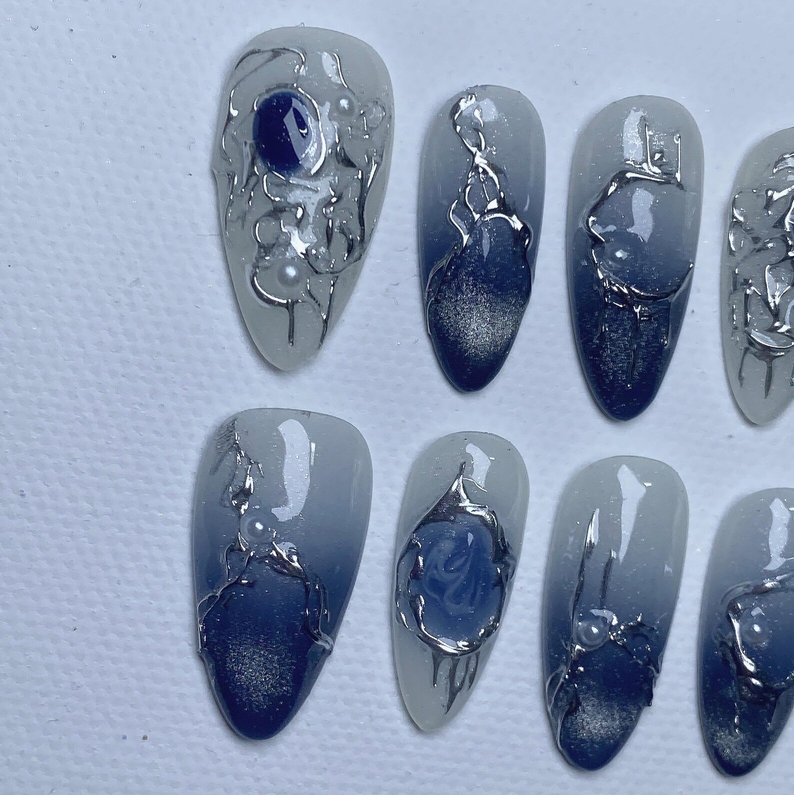 Handmade Blue Gradient Silver Metal Gem Pearl Long Stiletto Press on Nails