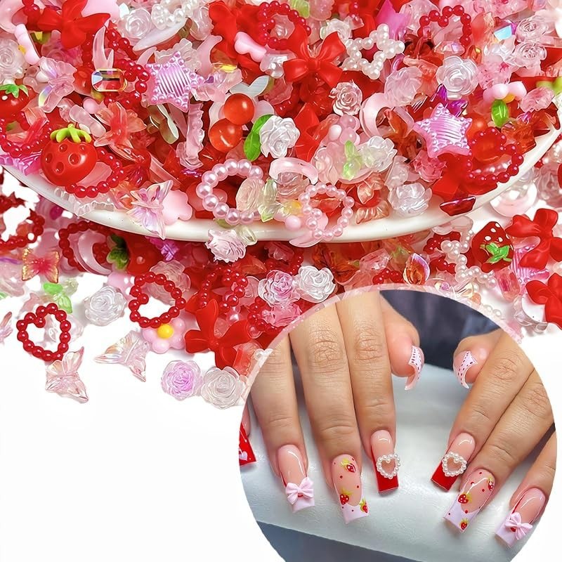 100pcs 3D Pink Red Strawberry Flower Nail Charms Cherry Rose Camellia pink