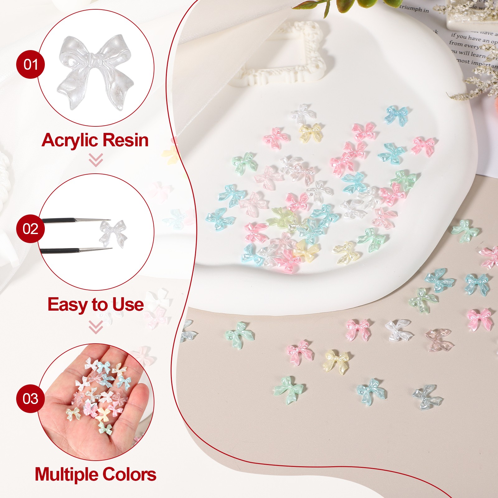 Nail Bows 3D Flowers for Nails for DIY Manicure 60Pcs White/Pink/Sheer Pink Set