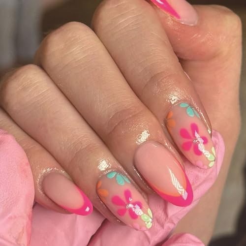 Pink French Press on Nails Almond Fake Nails with Flowers Flowers Designs-3