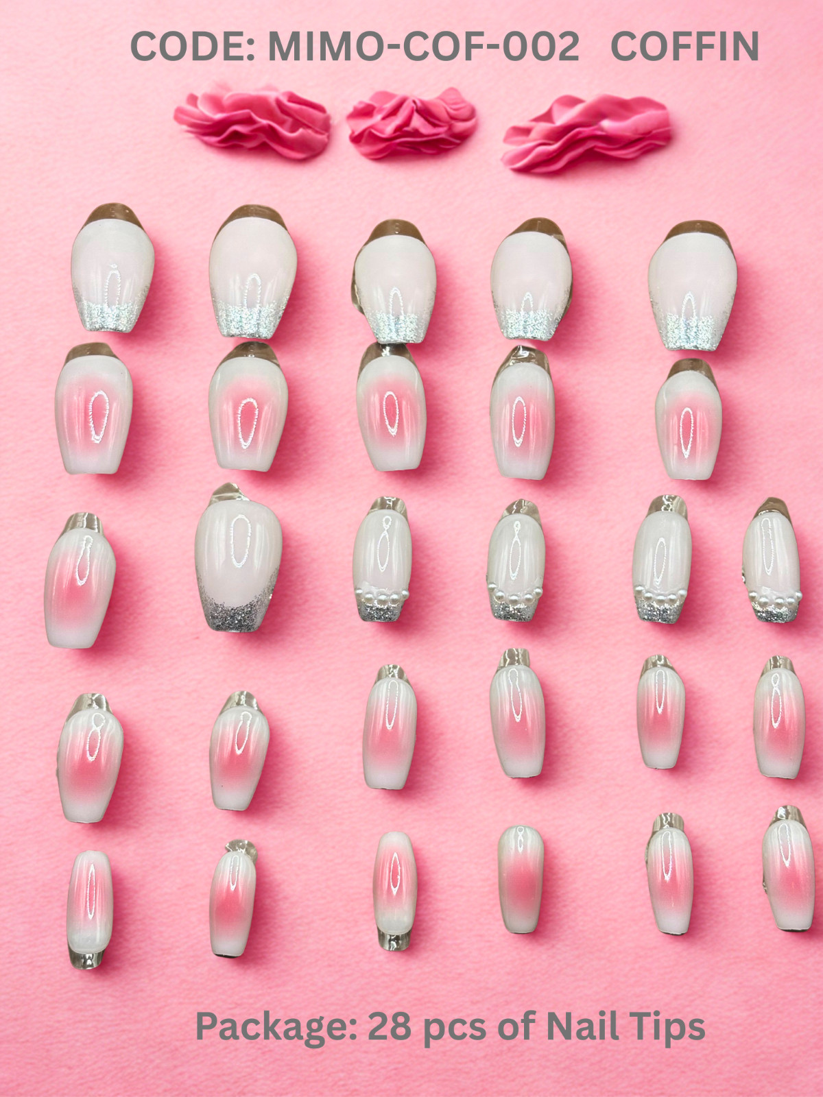 THE MIMO Press-On Nails – Blush PINK Gradient with Pearl Tips 28Ppcs