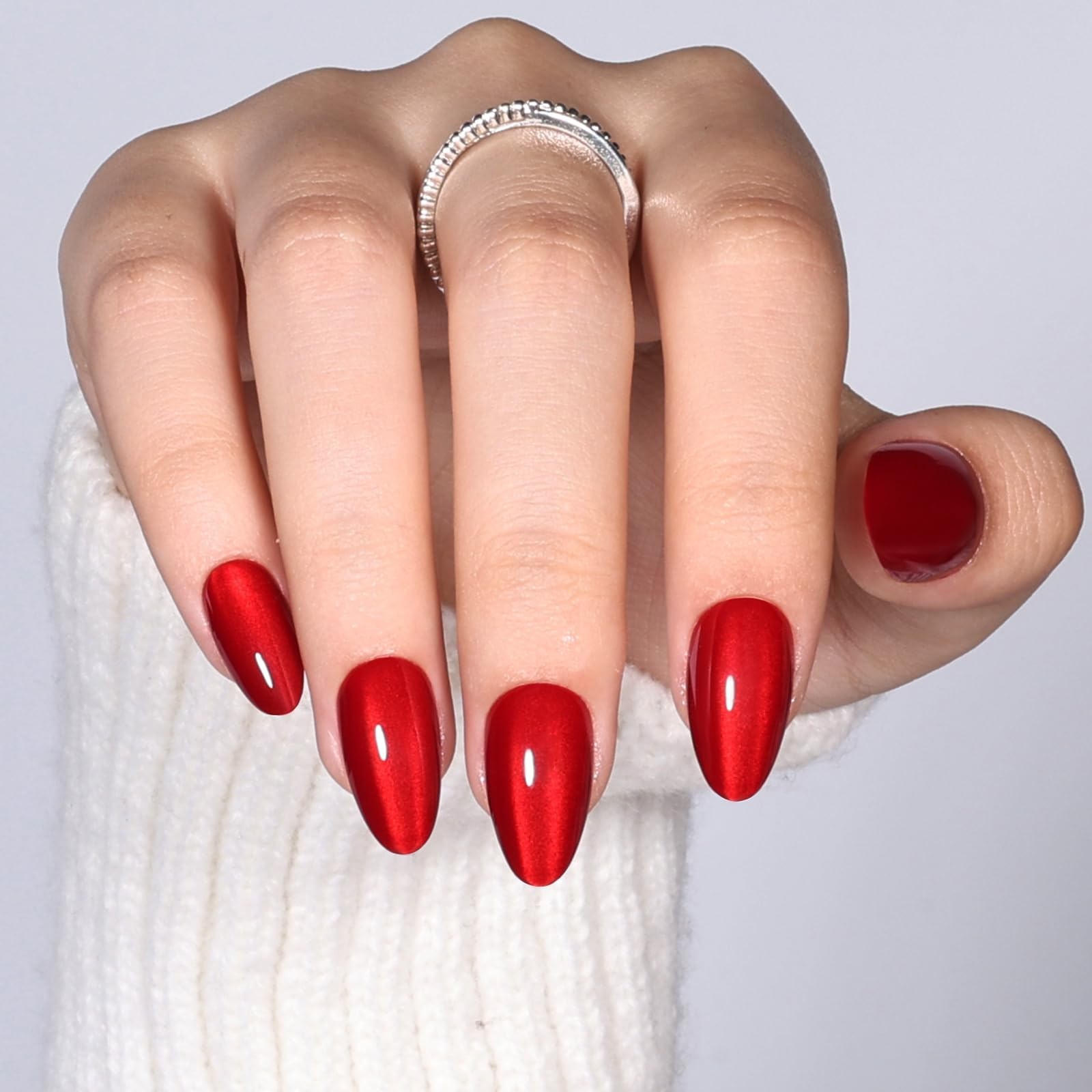 Cherry Red Cat Eye Press On Nails, Short Almond Reusable Nails | Includes 32 …