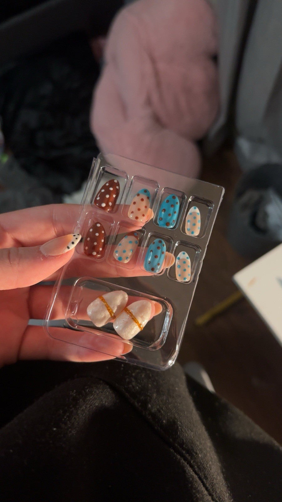 Polka Dot Marble Press-On Nails Short Oval Full Cover Brown Blue White
