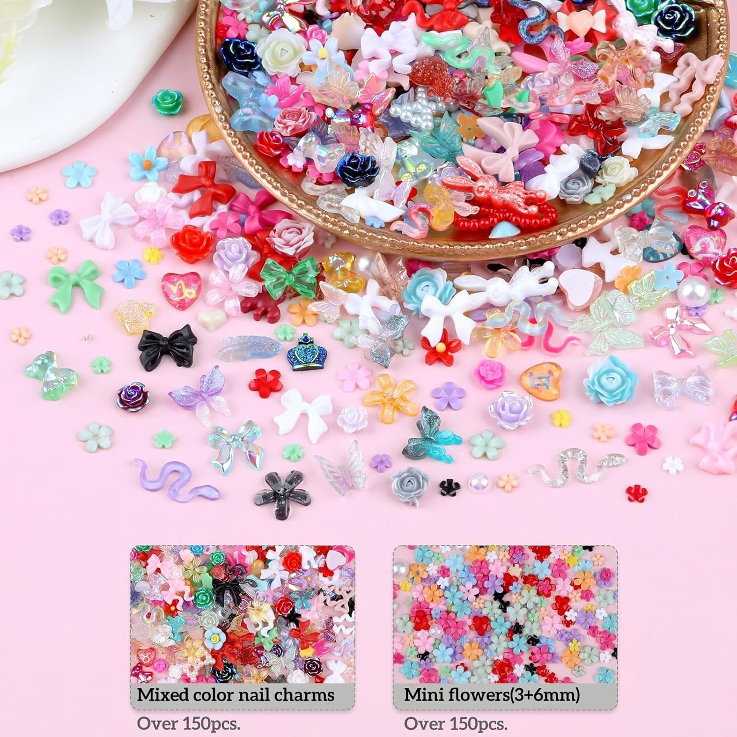 300 Pieces 3D Mix Assorted Resin Nail Charms Hollow Pearl Heart Nail Art Char…