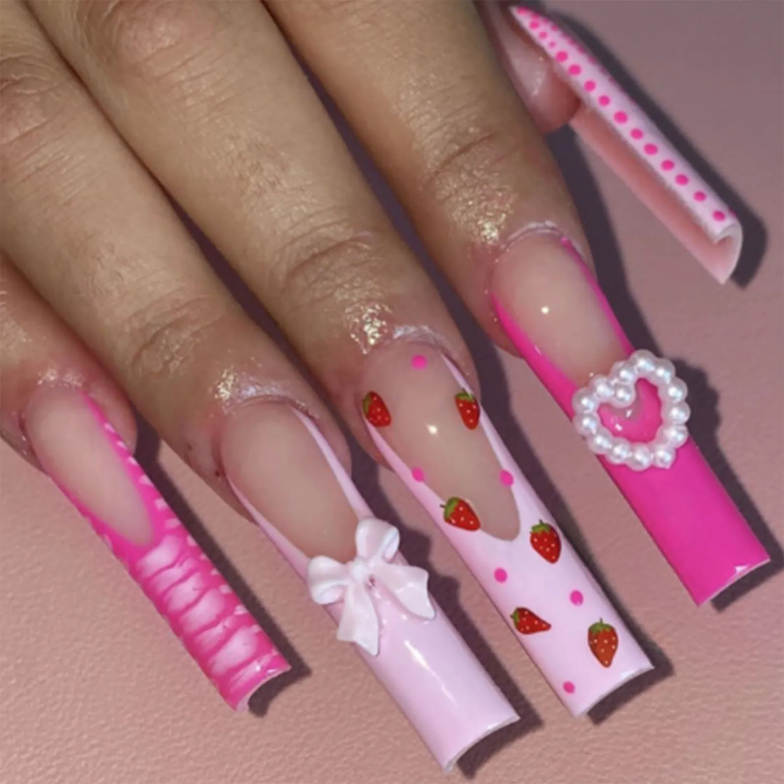 24Pcs French Bow 3D Flower Coffin Ballet Bride Press On Nails