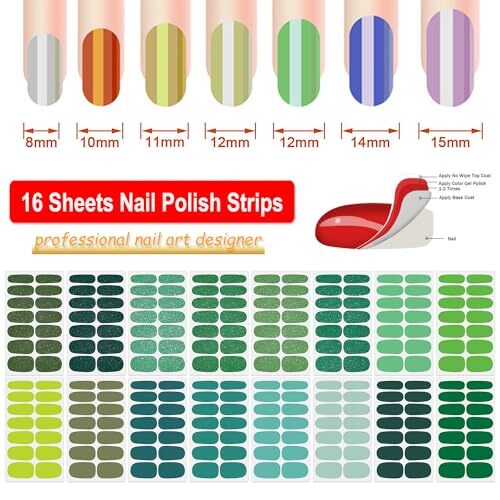 16 Sheets Green Nail Wraps for Women Full Nail Polish Stickers Fresh Color