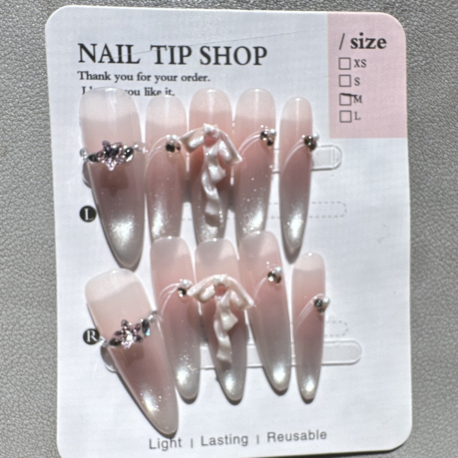 Nail Tip Shop Press-On Nails Almond Pink/White Shiny Full Cover Pre-Designed