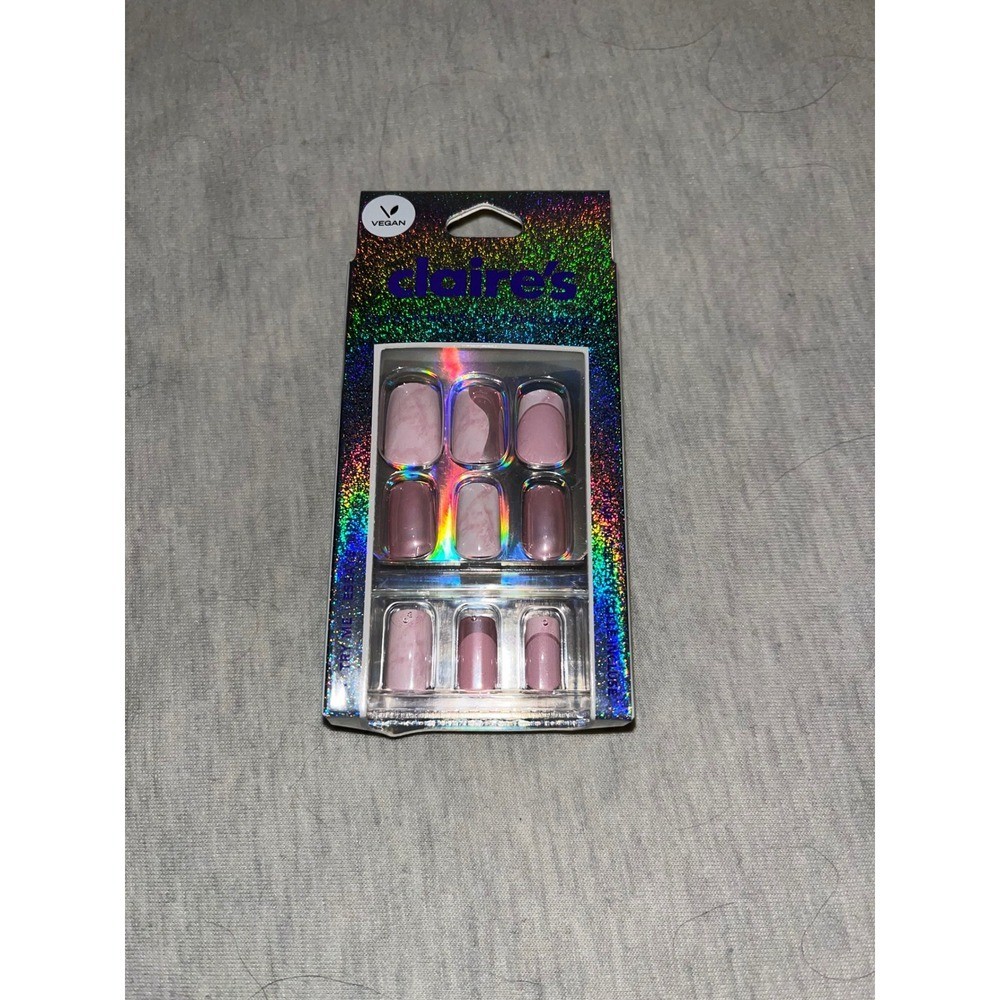 Claire’s Pink Marble Metallic Mid Square Vegan Faux Nail Set 24 Pack