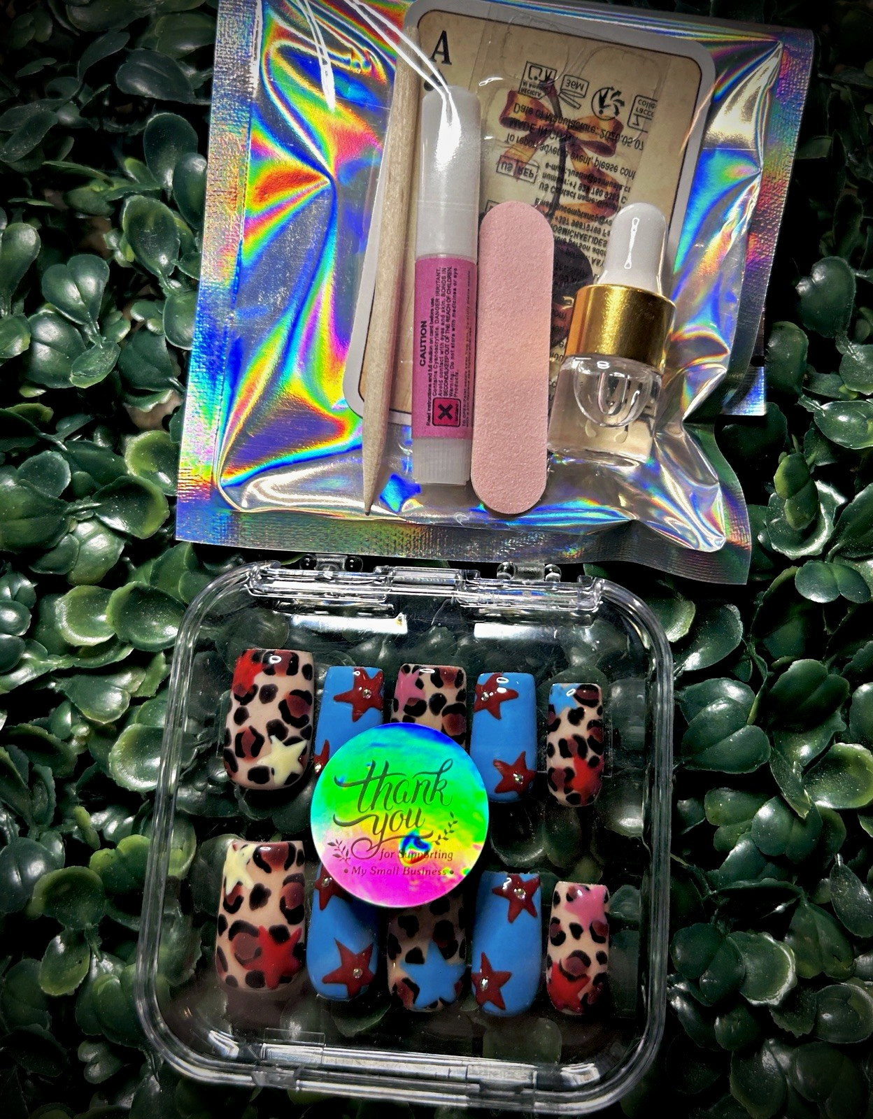 Press-On Nails Set Leopard & Star, Medium Square Full Cover Glossy Acrylic