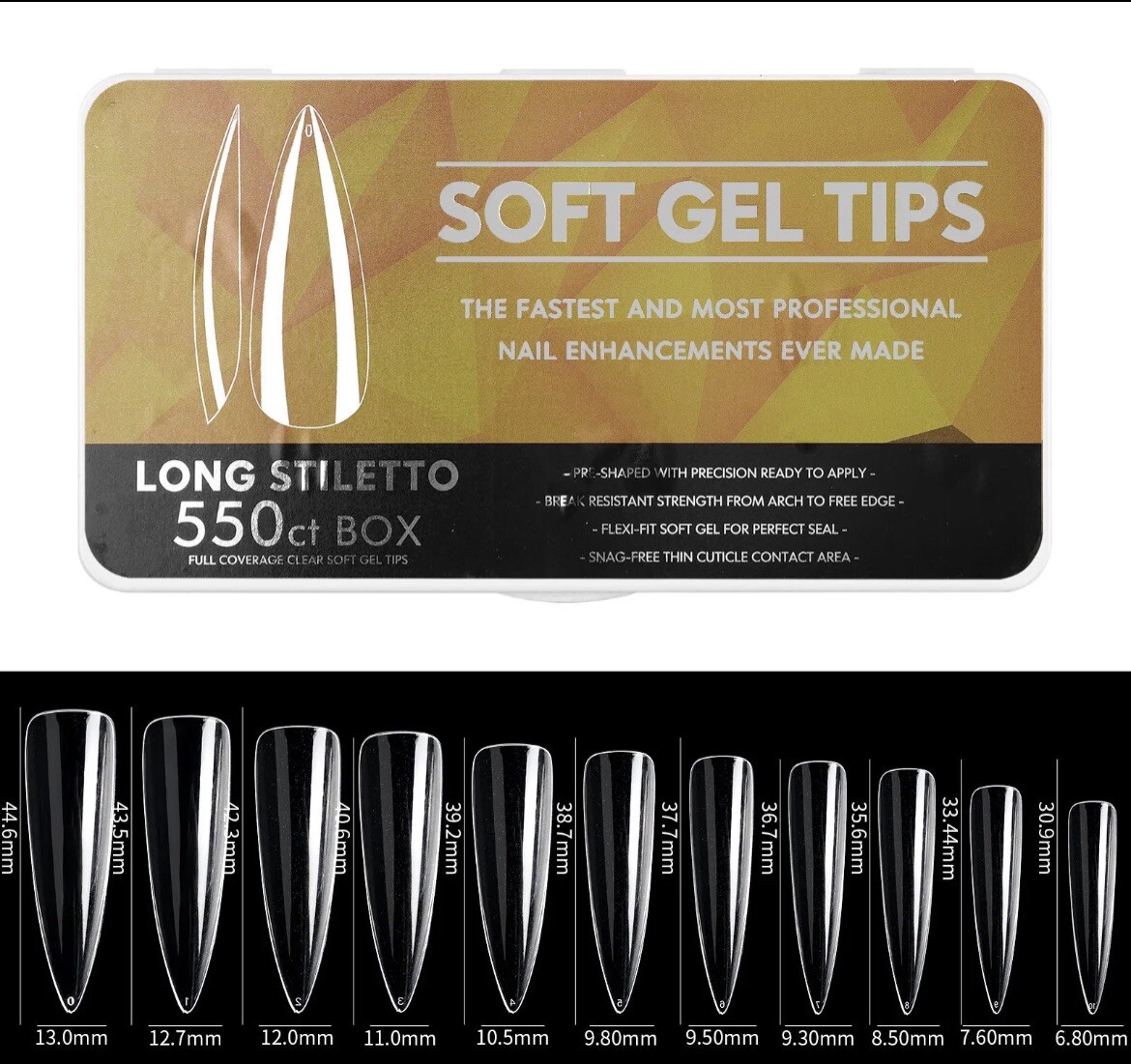 Gel X Apres Clear soft Stiletto Tips Box 11 Sizes 550 Pc