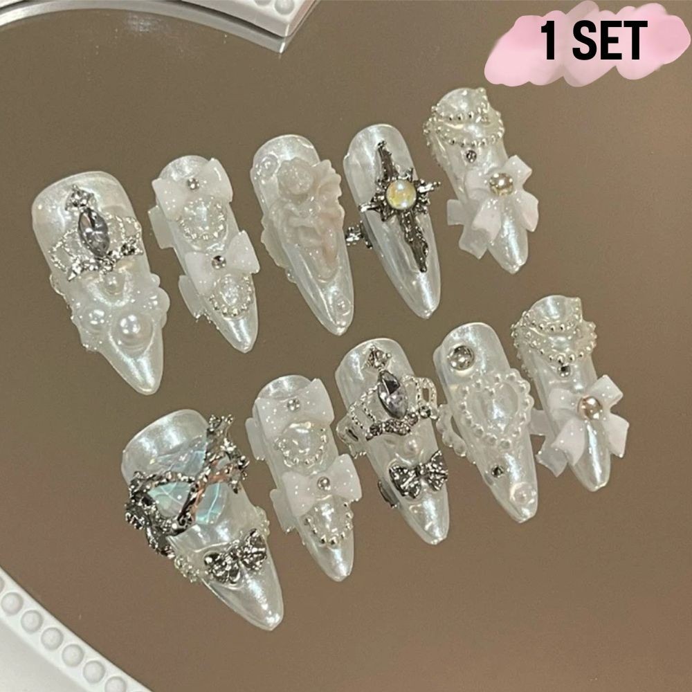 Gel nails, pre-made false nails, handmade, durable, Pearl white, luxurious 1 set