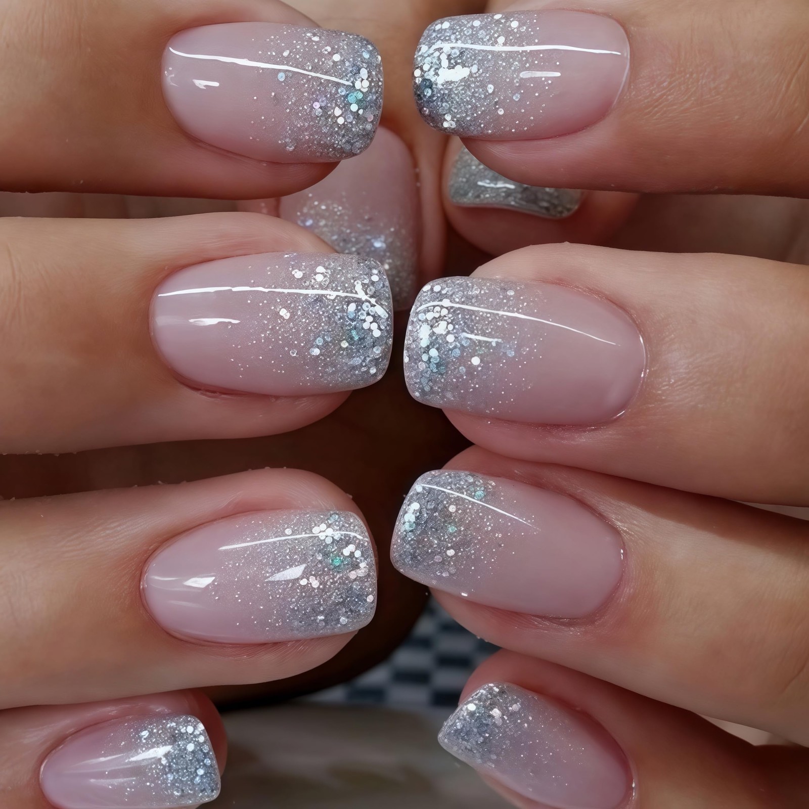 Glitter French Tips Press on Nails Short Square Silver Standard, Multicolor