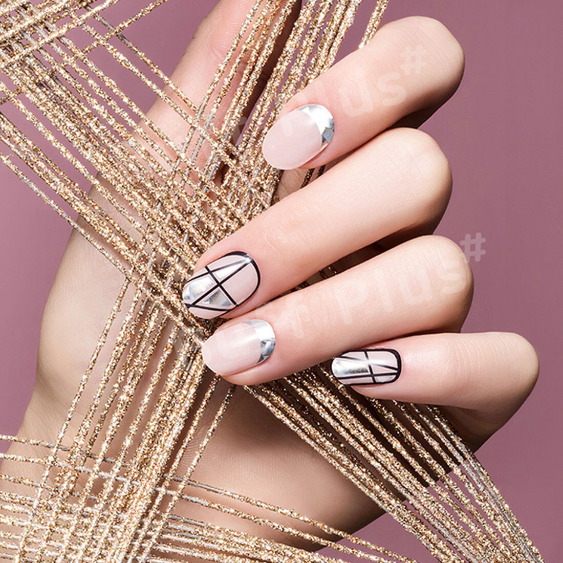 Nude Silver Hologram Nail Decals Korean Black Line Daily Design Beauty Point