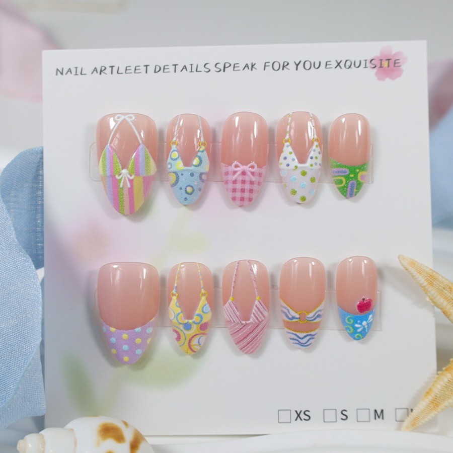 60Pcs-Long Oval Cute Bikini Bow Cherry Summer Hand Painted Press on Nails Set