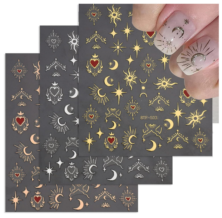 Star Moon Bronzing Heart Nails Gold Sliver Laser Spiritual Baddies Stickers NS39