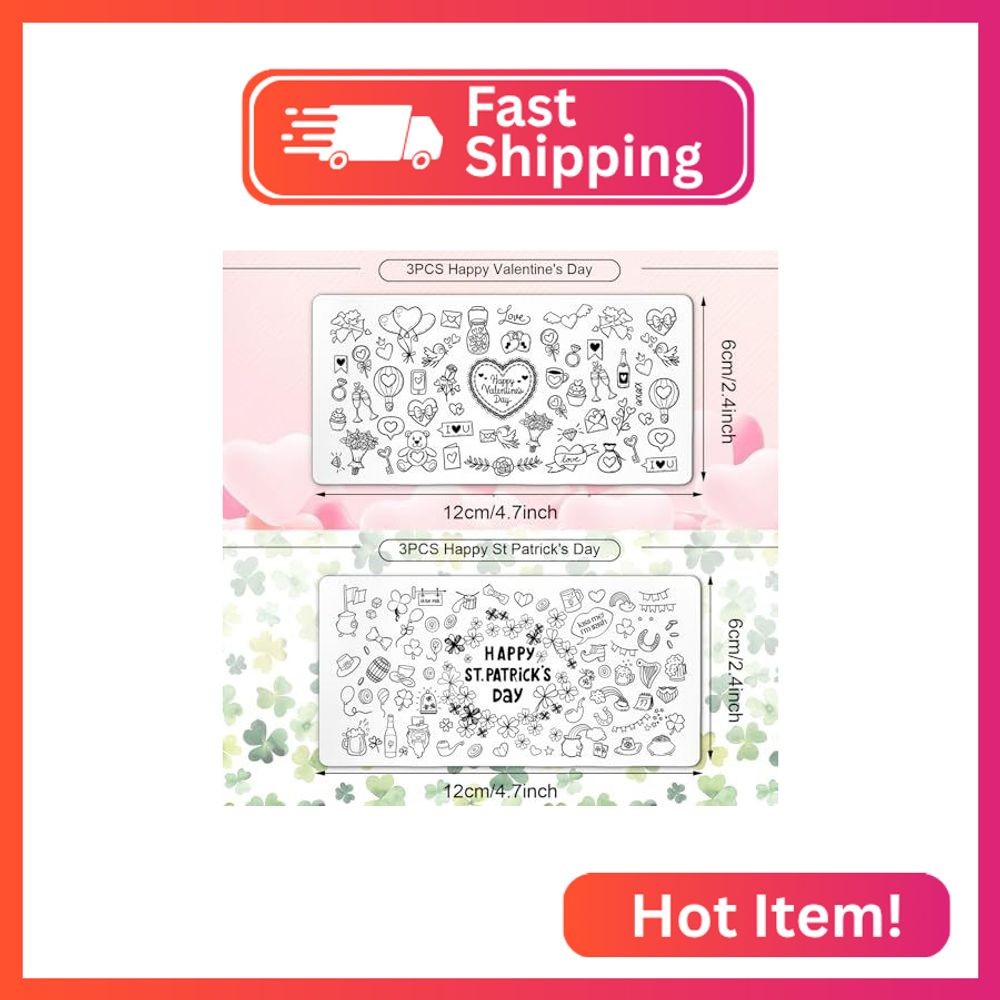 Whaline 6 Pcs St. Patrick’s Day Valentine Nail Art Stamping Plates Kit Love Hear