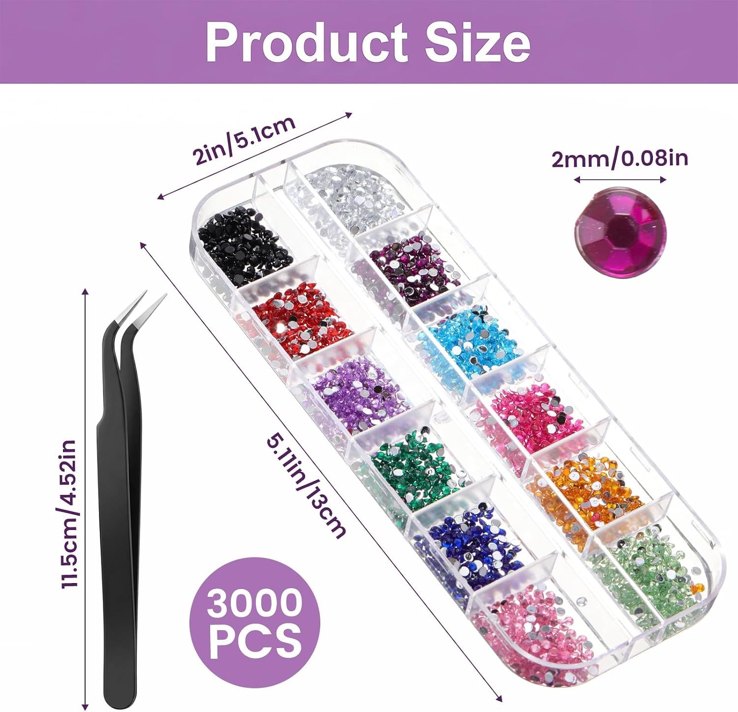 3000PCS 2mm Multicolor Nail Rhinestones, 12 Colors Flatback Gems