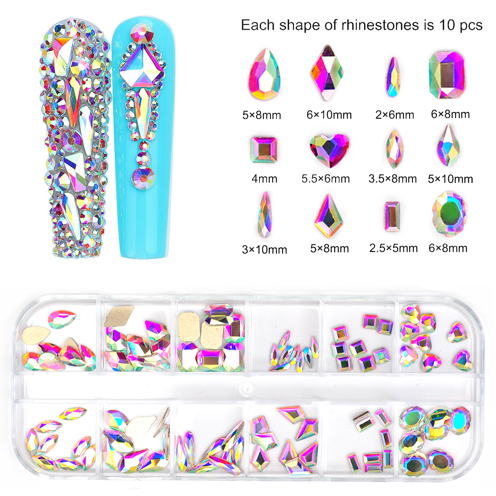 12Box/Set Crystal Rhinestone Diamond 3D NON hotfix Nail Art Decoration 120pcs