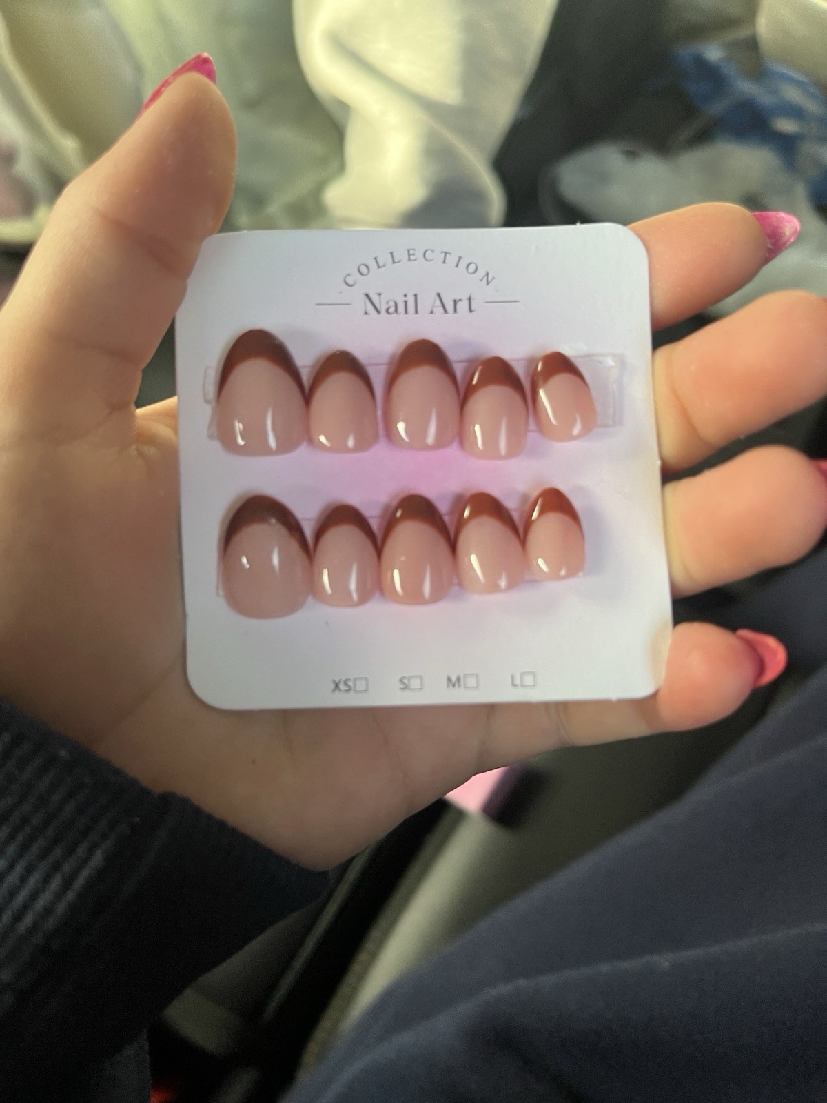 Nail Art Collection Almond French Press-On Nails Pink Brown XS S M L