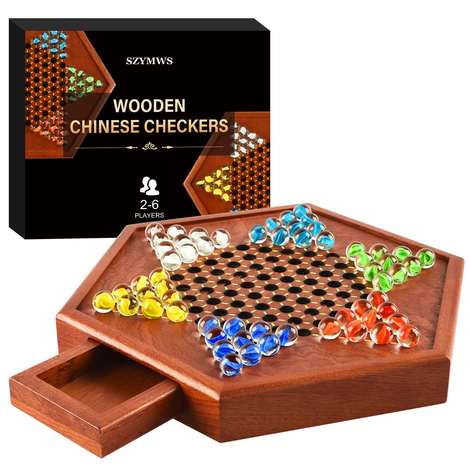 12.7 Inches Wooden Chinese Checkers x 11 x 1.6 inch, Glass Marbles