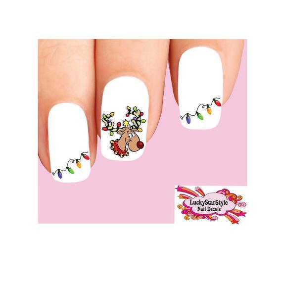 Waterslide Nail Decals Set of 20 – Christmas Holiday Reindeer & Lights Assorted