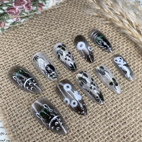 24pc Medium Almond Stiletto Black Gothic Press On Nails Glue On Fake Nails