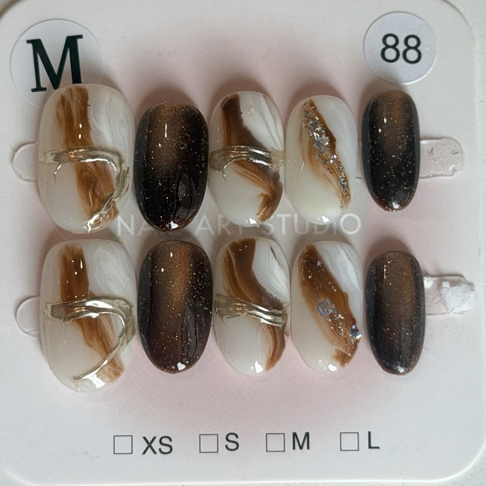 Handmade White Brown Ombre Press-On Nails Short Oval Reusable Fake Nail Size M