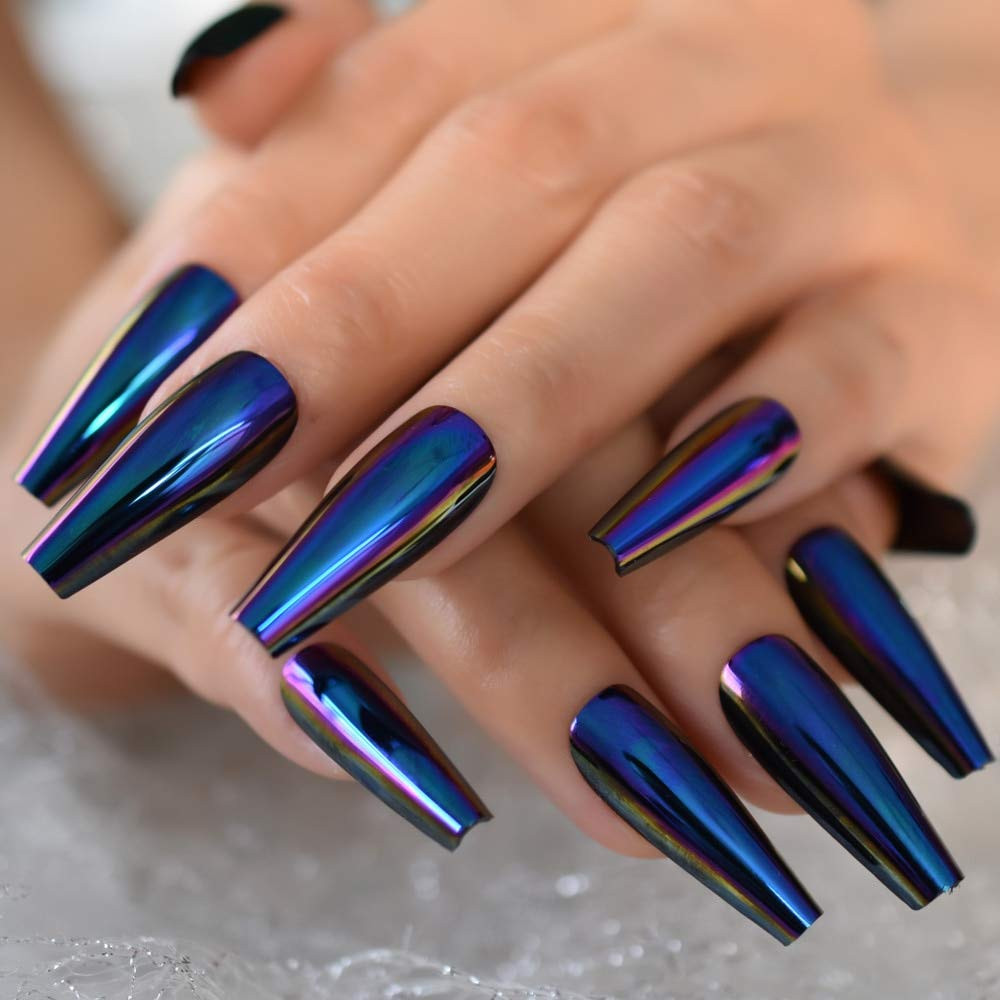 Super Holographic Blue Purple Coffin Nails Mirror Chrome Square Ladies Fake Nail