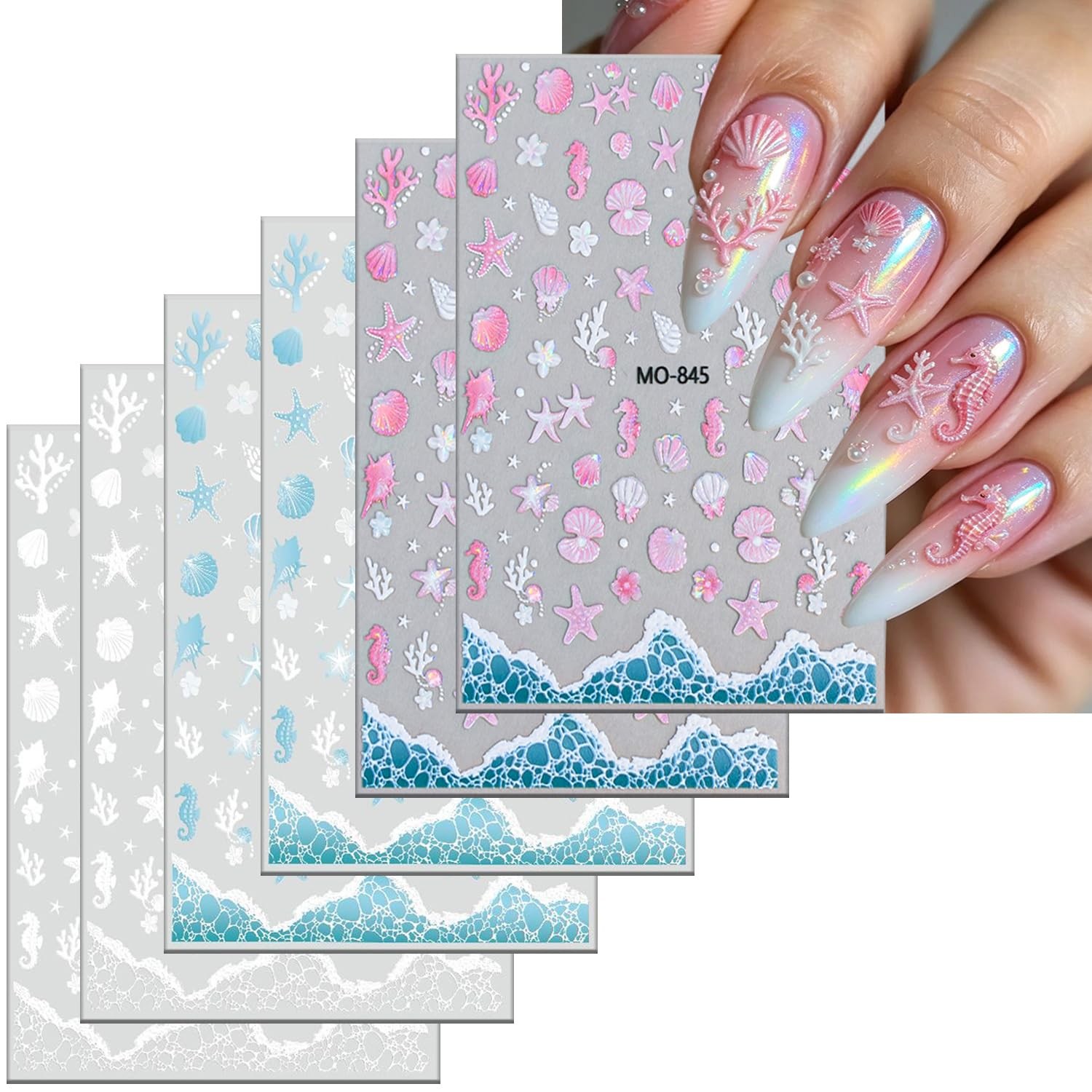 Holographic Ocean Nail Art Stickers – 6 Sheets Self-Adhesive Sea Star Shell C…