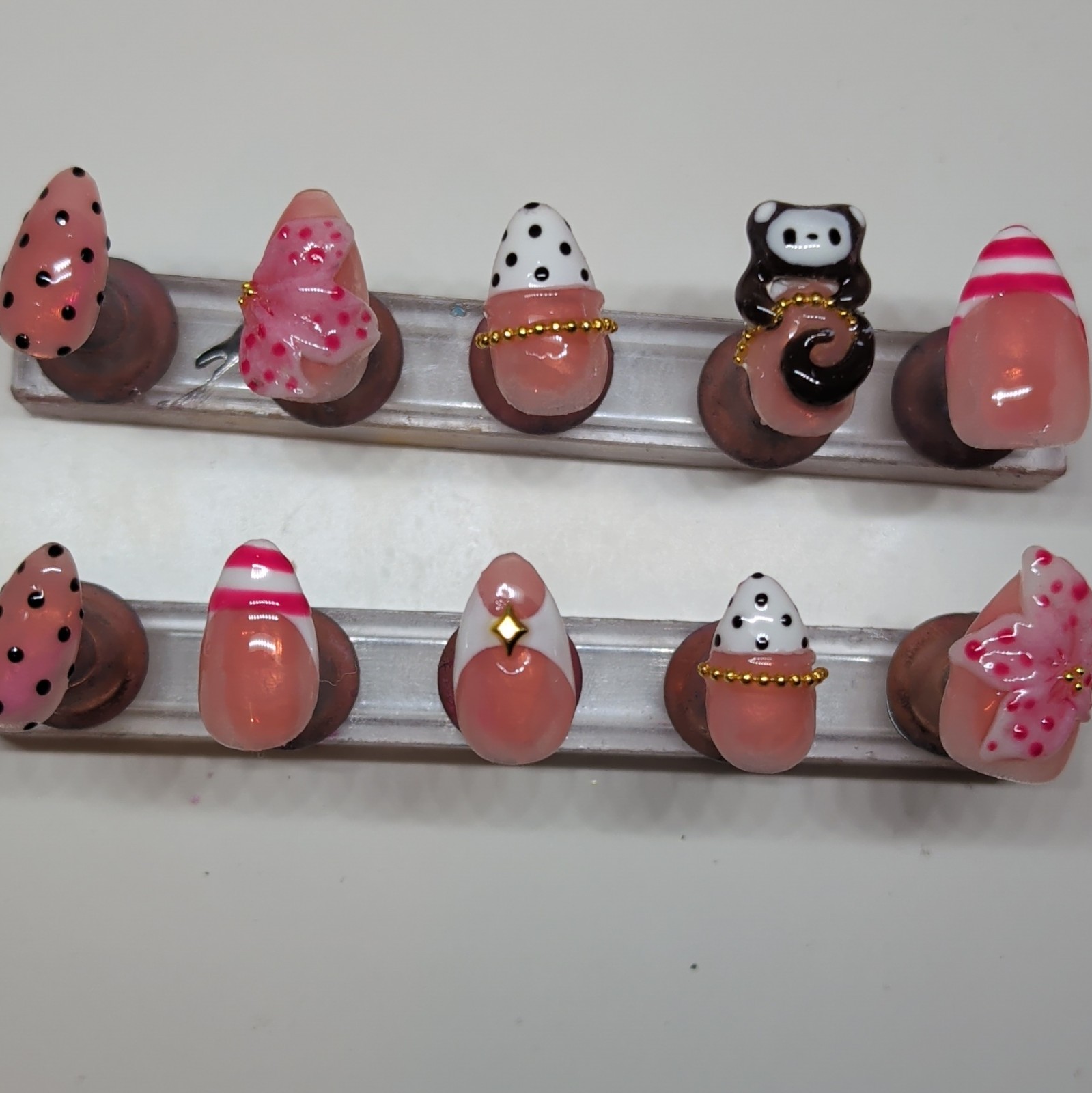10 Piece Short Almond Press-On Nails, 3D Animal Theme, Pink White Black Gold