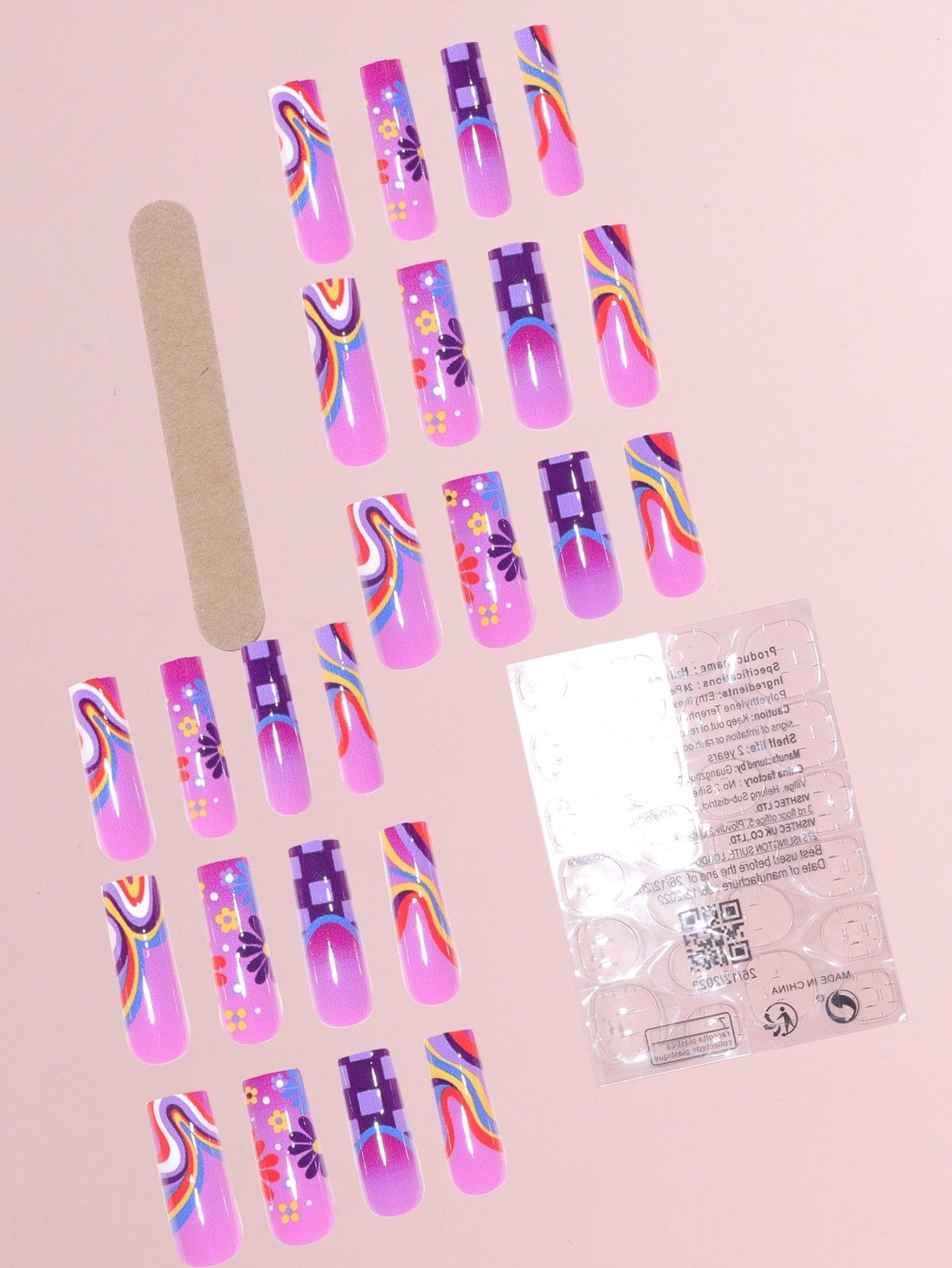 24pcs/set Long Coffin French Purple Floral Fake Nails False Nails Press On Nails